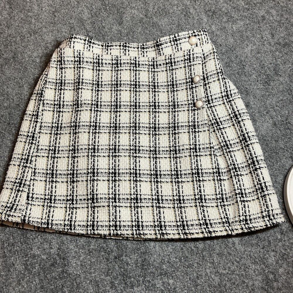 Plaid Tweed Skirt Girls 7-8 Med A-Line Elastic Waist Lined Button Detail